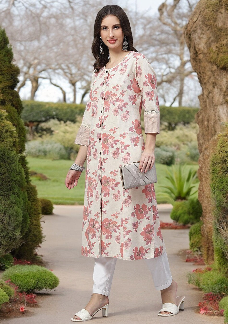 Cream Floral Cotton Flex A-Line Kurta