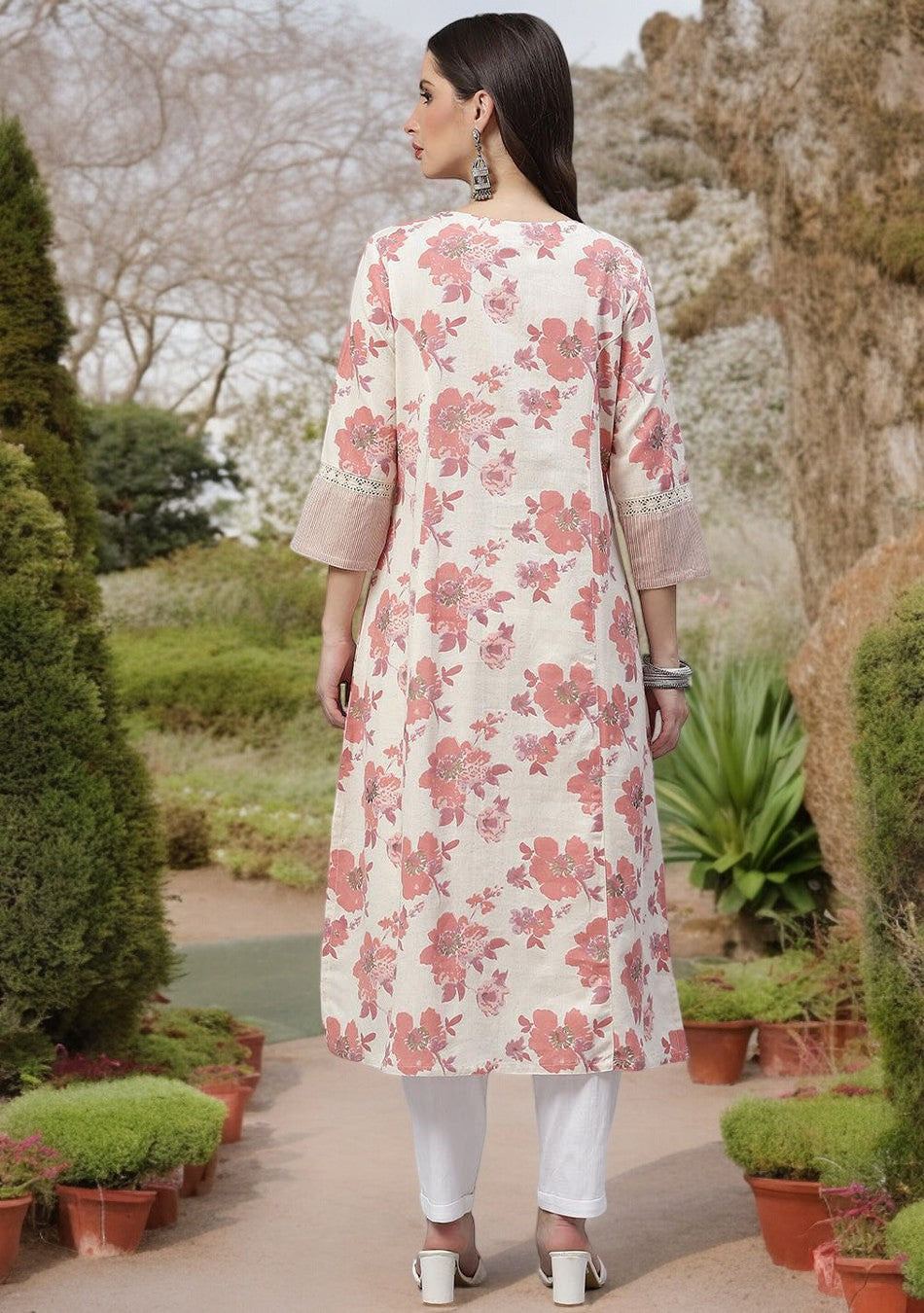 Cream Floral Cotton Flex A-Line Kurta