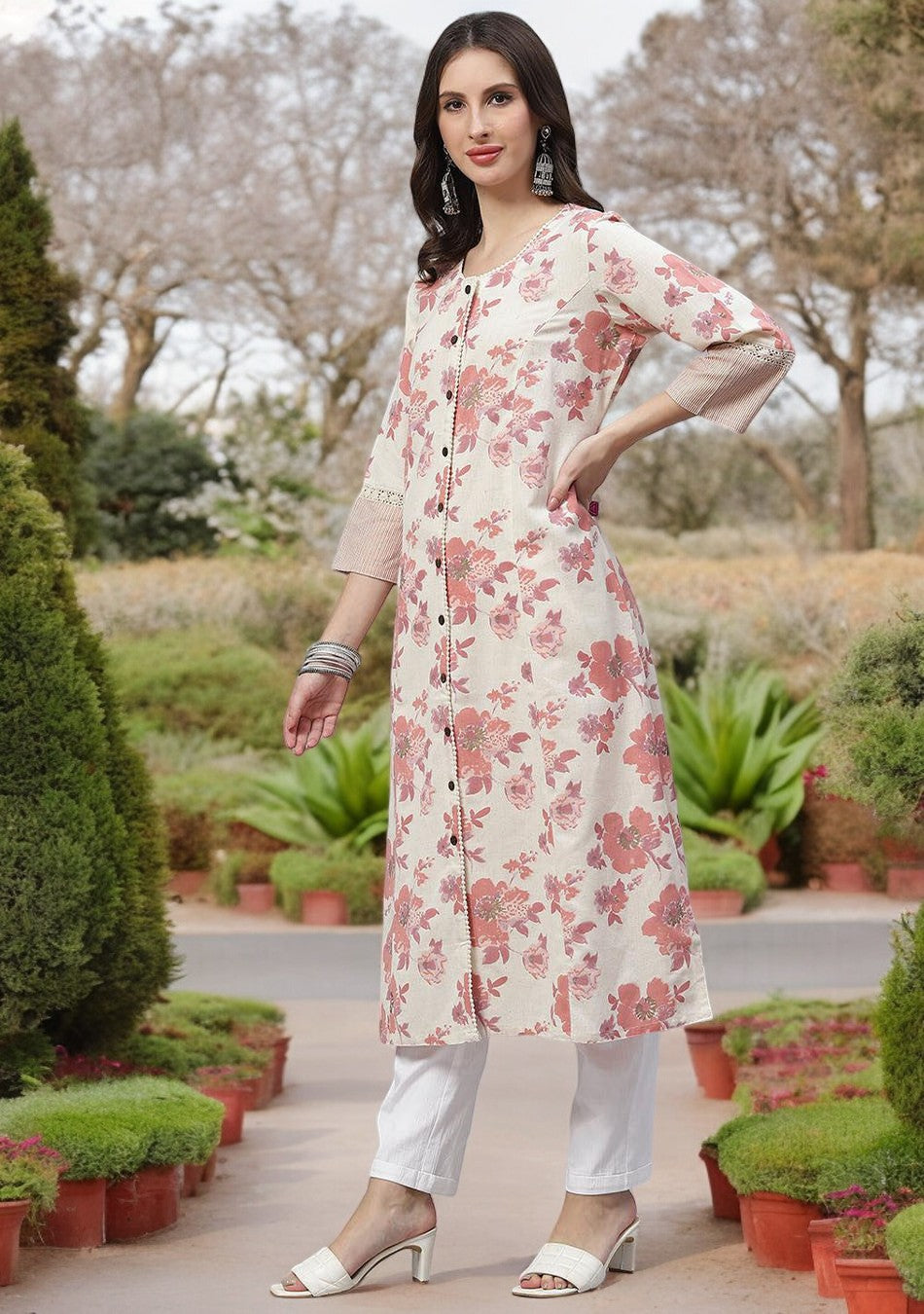 Cream Floral Cotton Flex A-Line Kurta