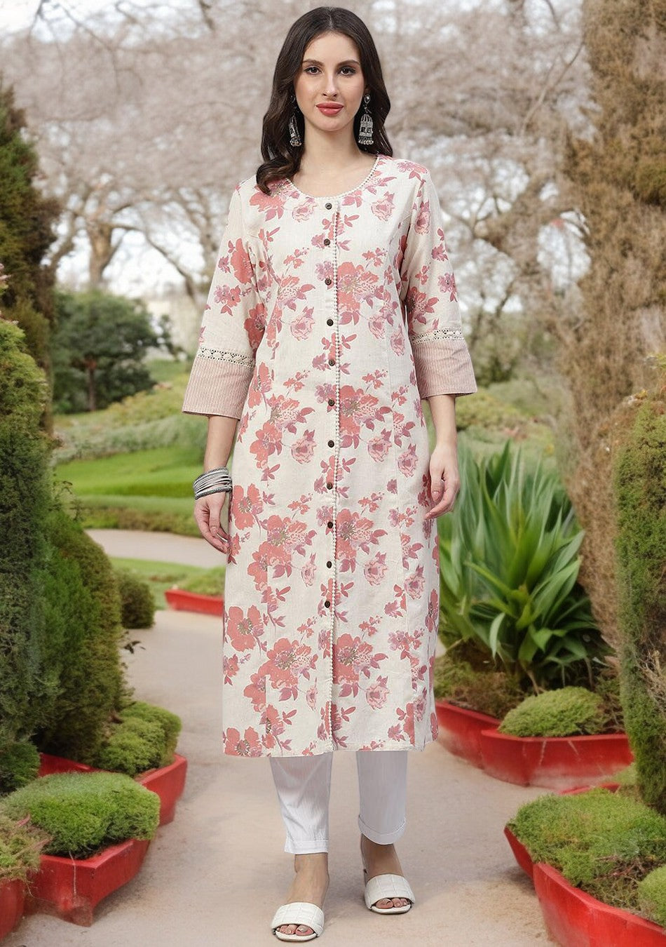 Cream Floral Cotton Flex A-Line Kurta