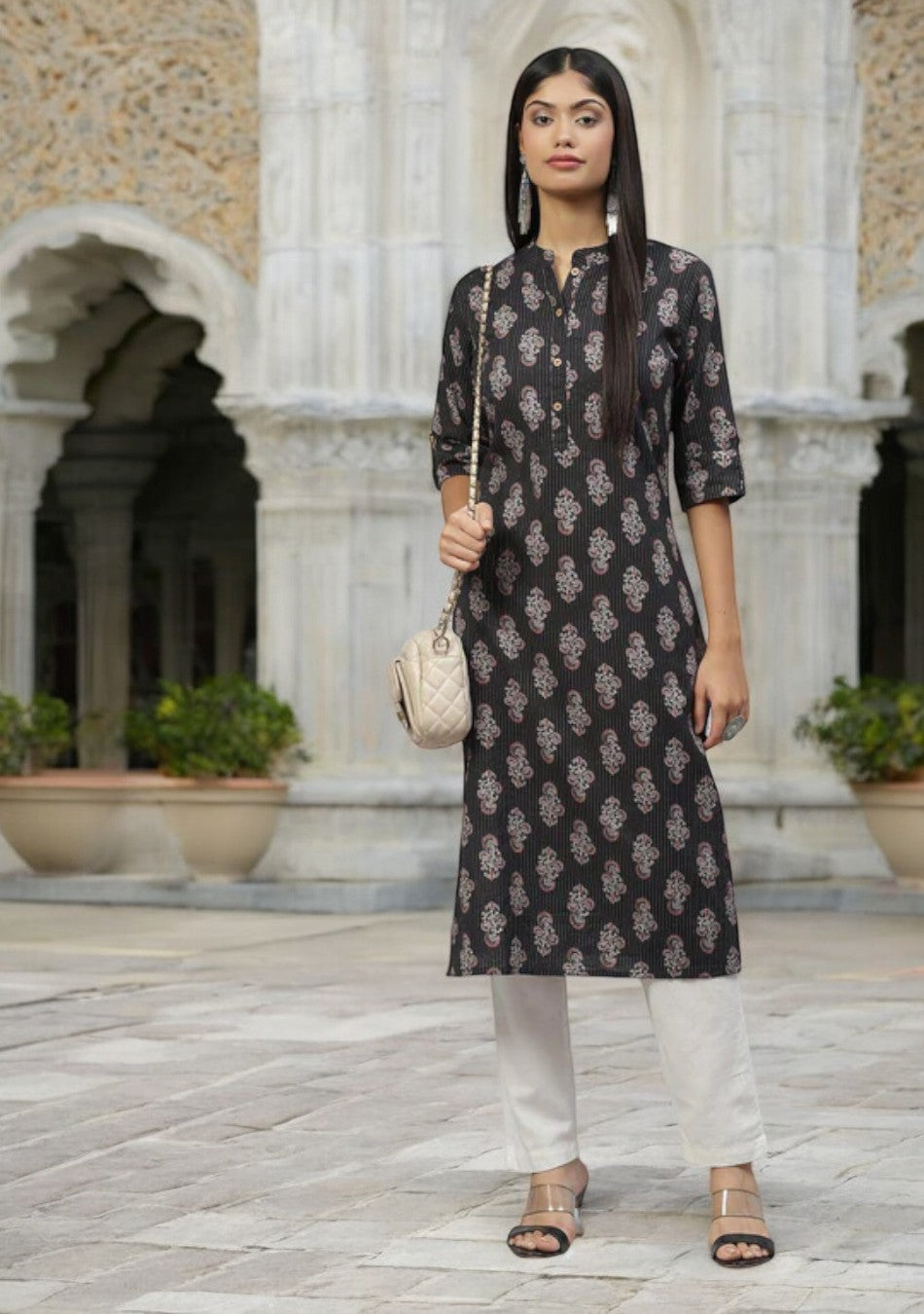 Black and Grey Cotton Straight Kurta