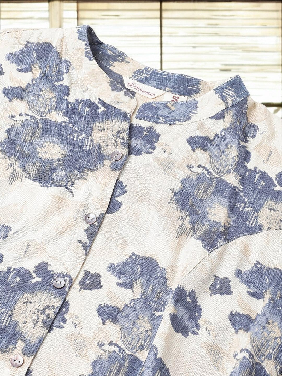 Cream Floral Printed Rayon A-line Shirt Style Top