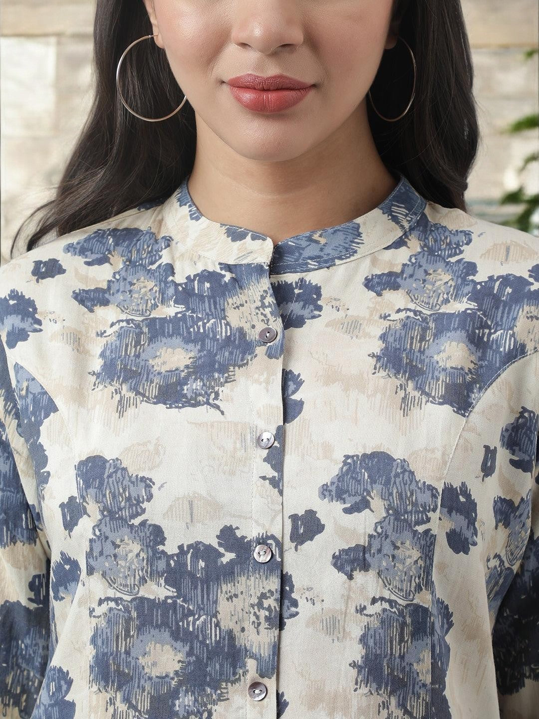 Cream Floral Printed Rayon A-line Shirt Style Top