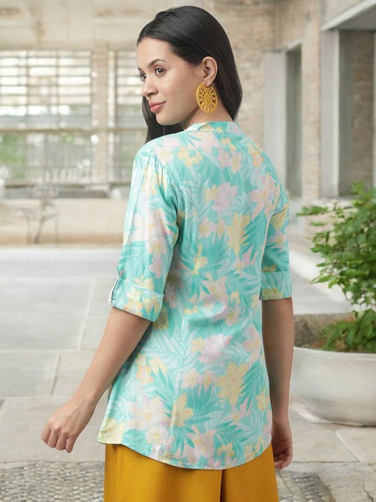 Sea Green Floral Printed Rayon A-line Shirt Style Top