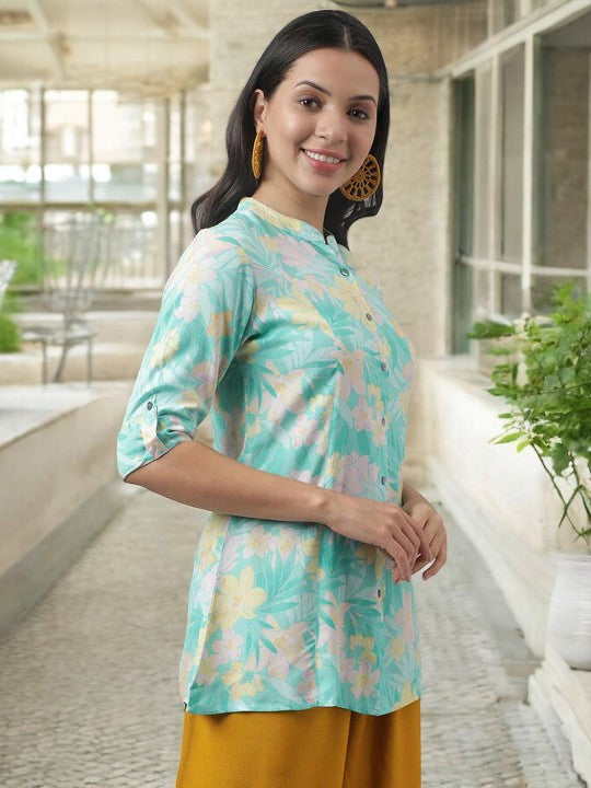 Sea Green Floral Printed Rayon A-line Shirt Style Top