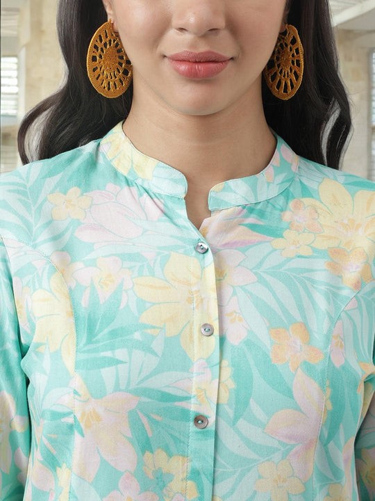 Sea Green Floral Printed Rayon A-line Shirt Style Top