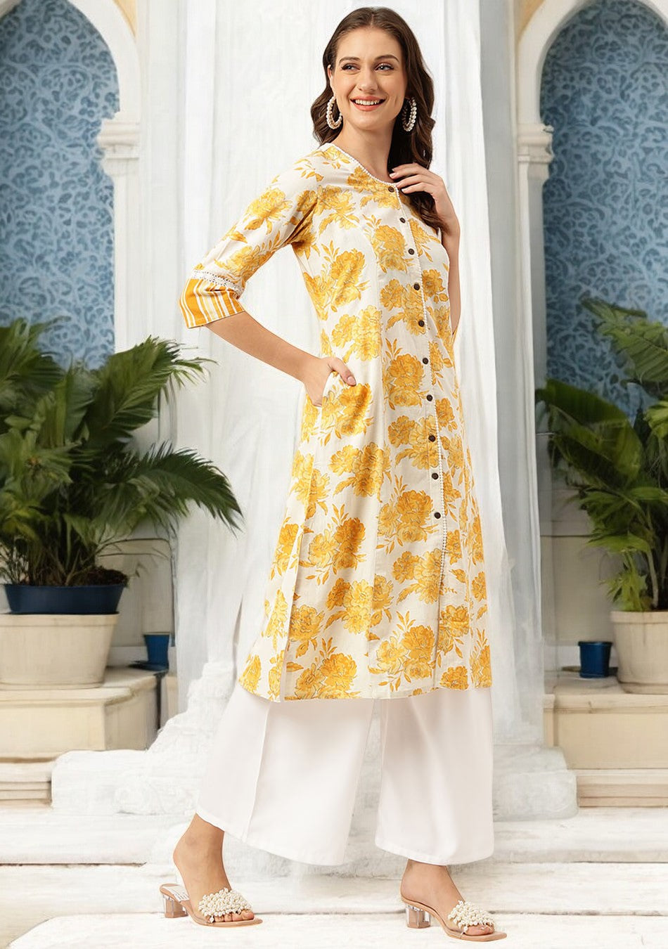 Mustard Floral Printed A-Line Cotton Kurta