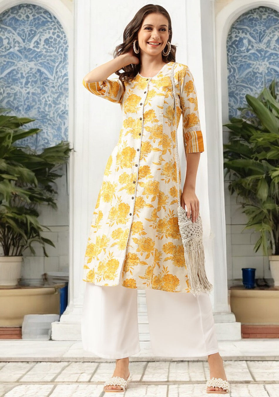 Mustard Floral Printed A-Line Cotton Kurta