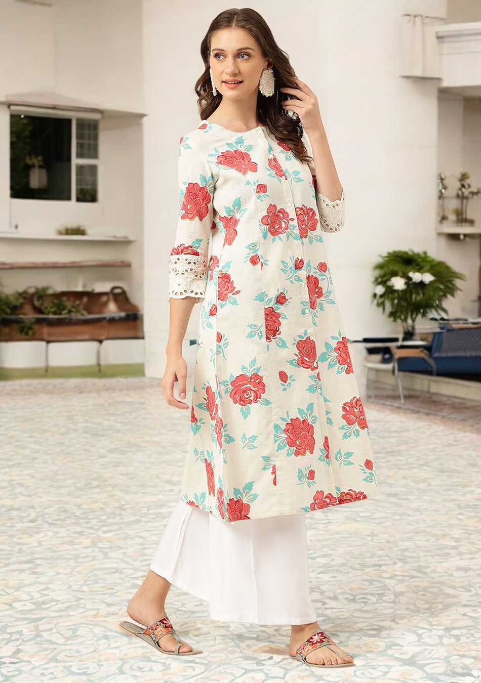 White Floral Printed Cotton A-Line Kurta