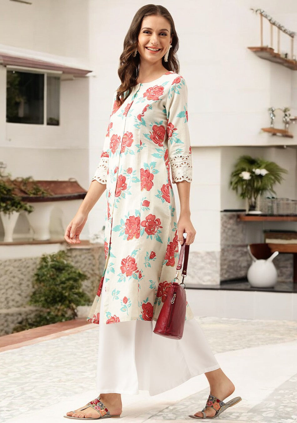 White Floral Printed Cotton A-Line Kurta