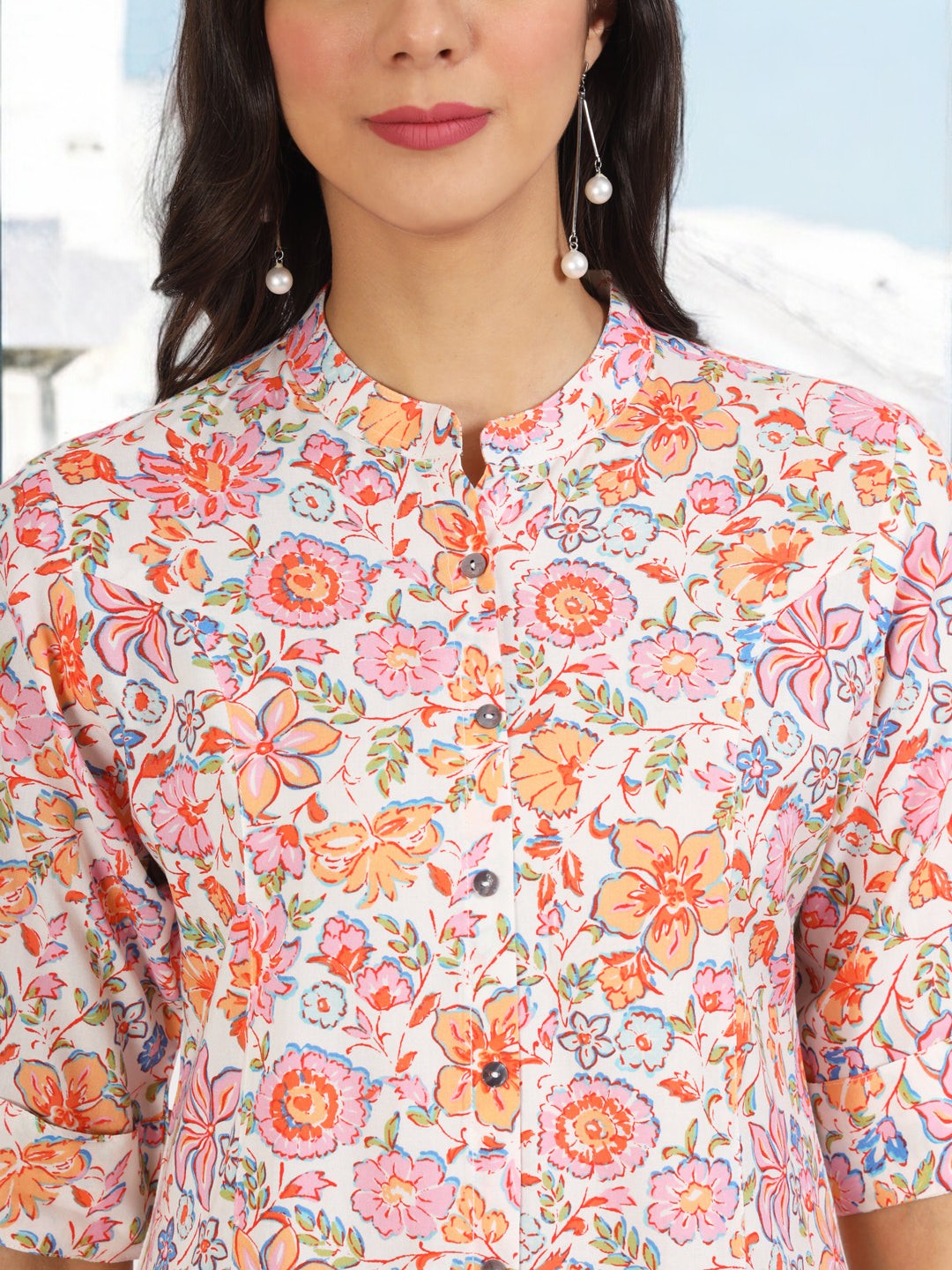 White Pink Floral Printed Rayon Top