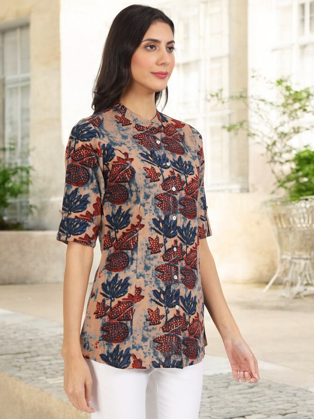 Beige Multi Floral Printed Rayon Top