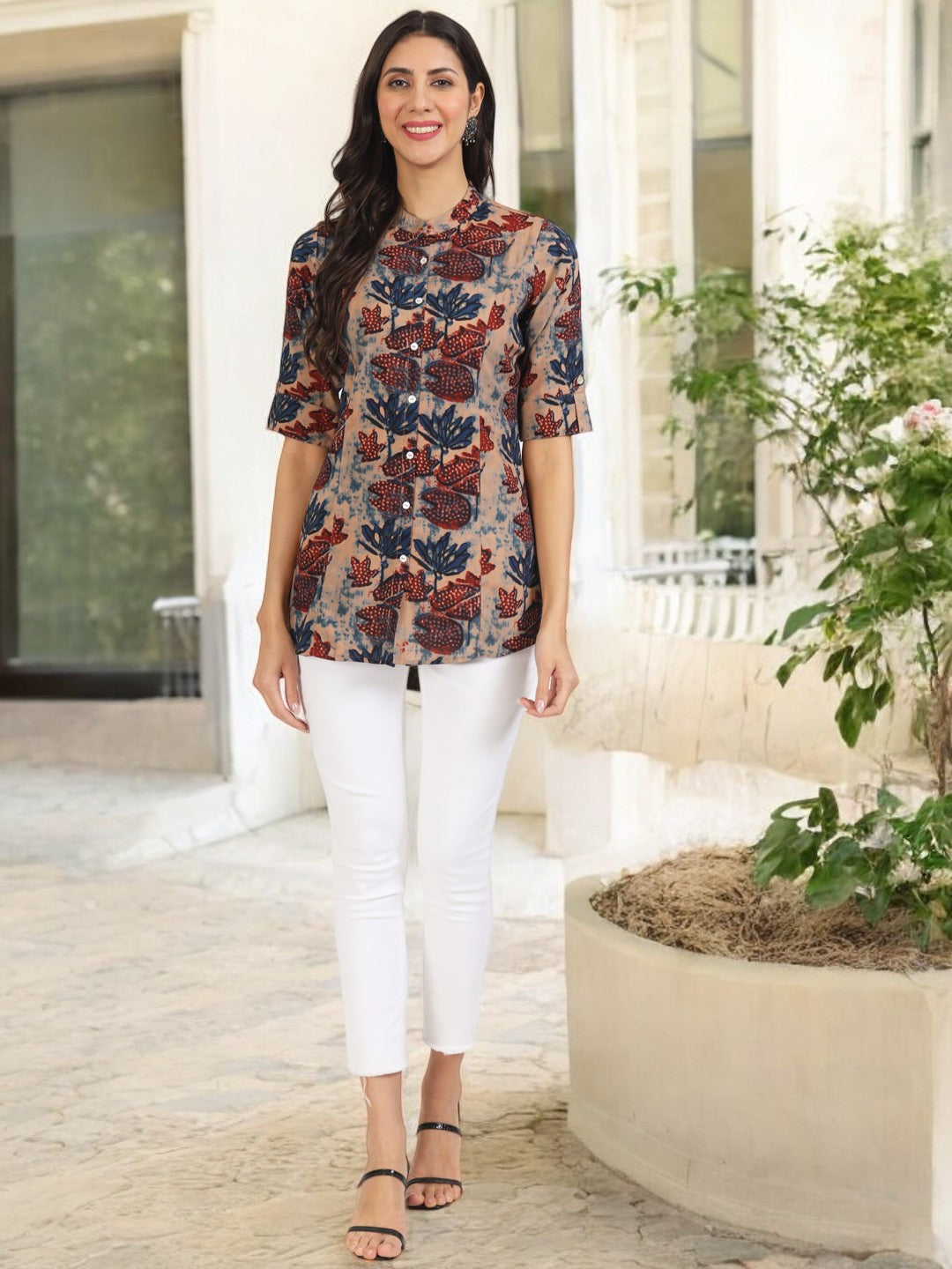 Beige Multi Floral Printed Rayon Top