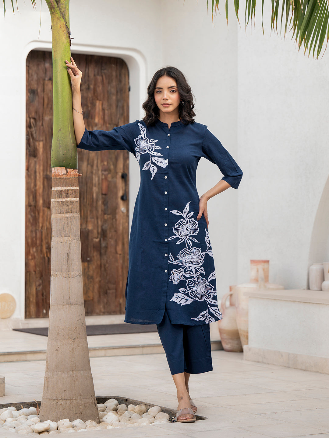 Navy Blue Floral Pattern Kurta Pant Set