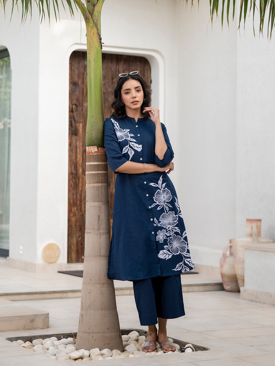 Navy Blue Floral Pattern Kurta Pant Set