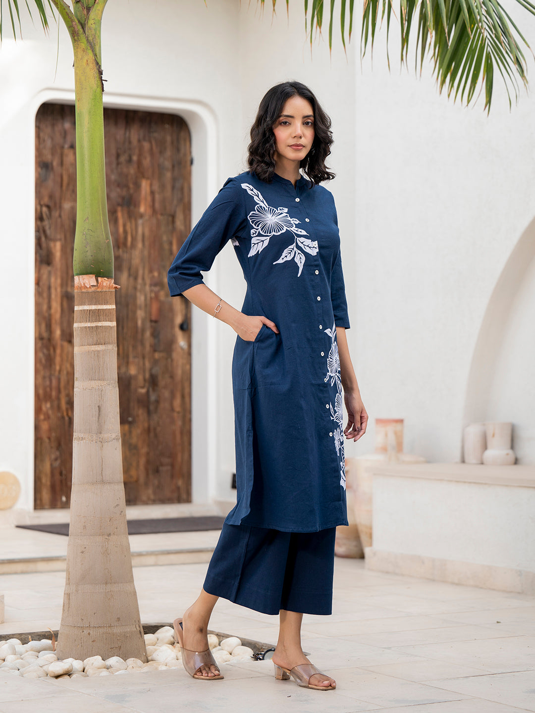 Navy Blue Floral Pattern Kurta Pant Set