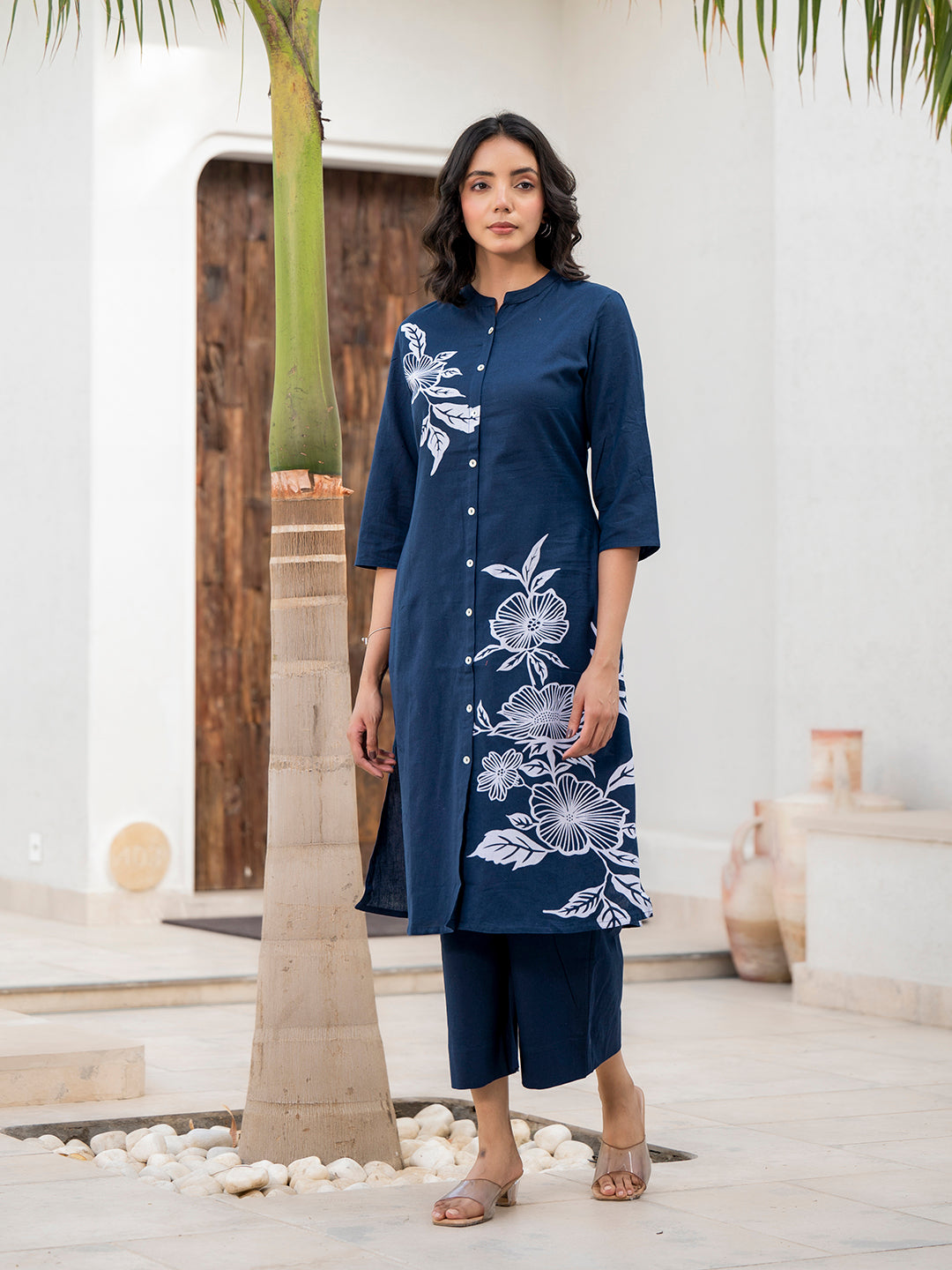 Navy Blue Floral Pattern Kurta Pant Set