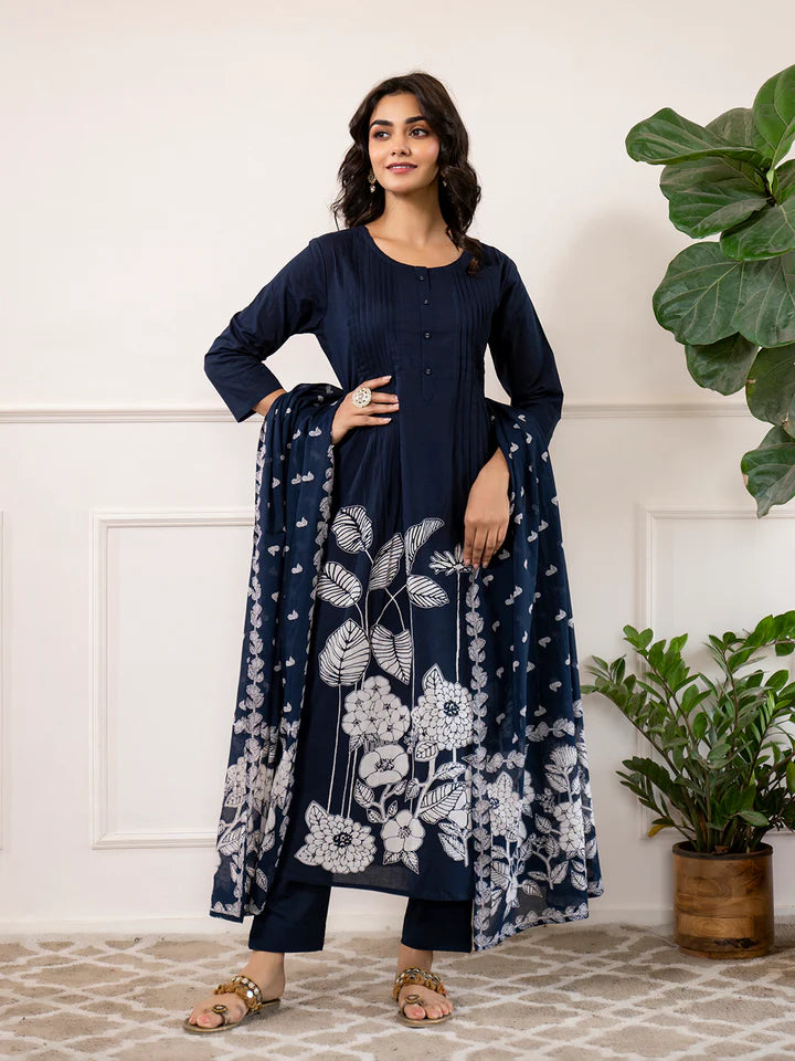 Navy Blue Printed A-Line Cotton Kurta Set