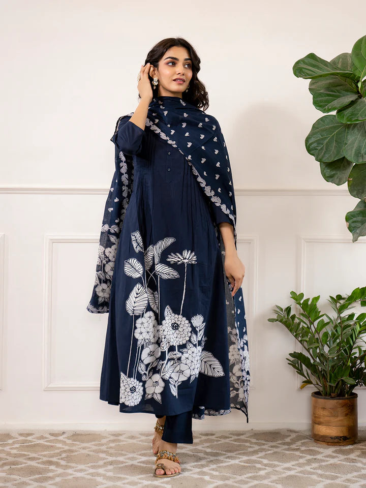 Navy Blue Printed A-Line Cotton Kurta Set