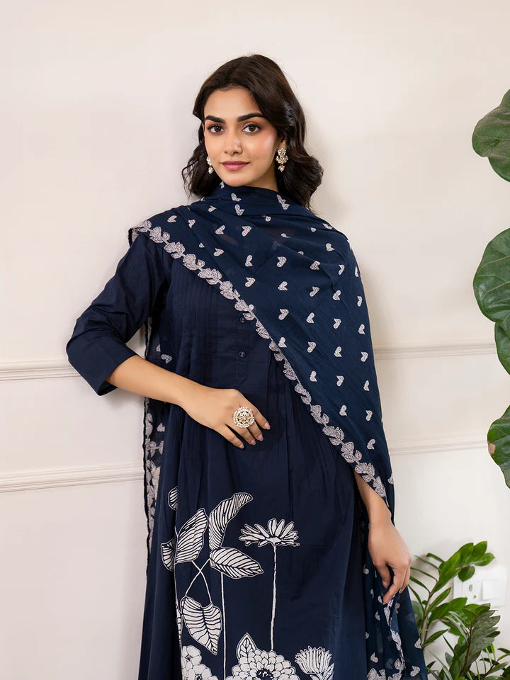 Navy Blue Printed A-Line Cotton Kurta Set