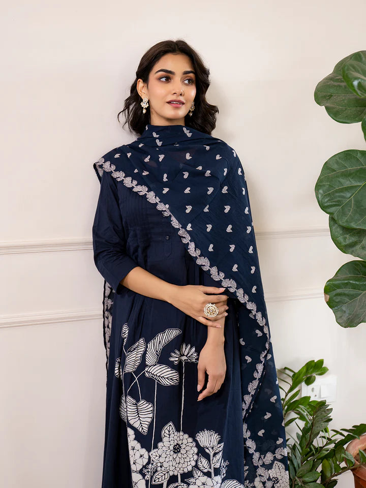 Navy Blue Printed A-Line Cotton Kurta Set