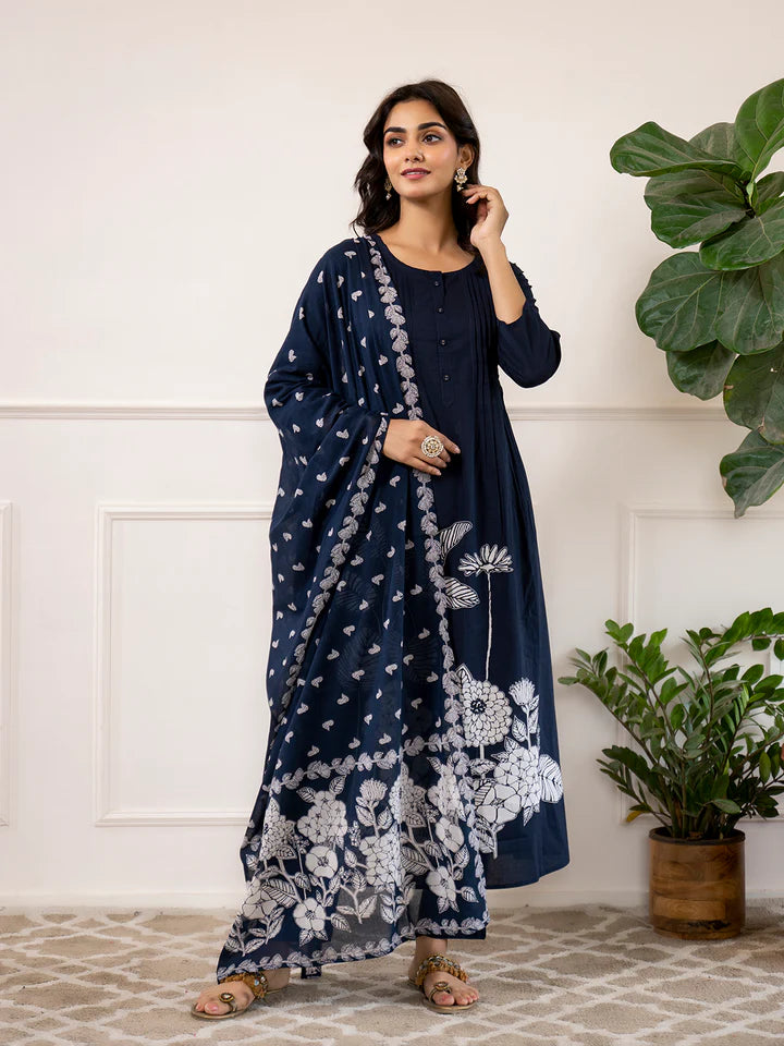 Navy Blue Printed A-Line Cotton Kurta Set