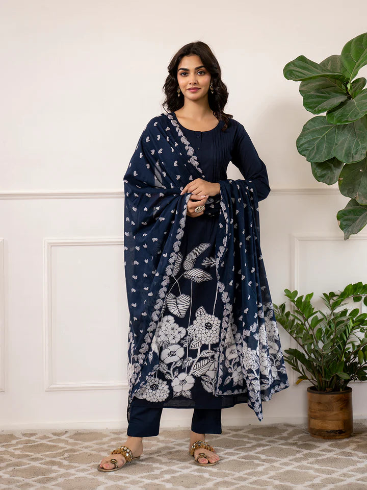 Navy Blue Printed A-Line Cotton Kurta Set