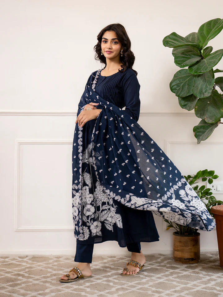 Navy Blue Printed A-Line Cotton Kurta Set