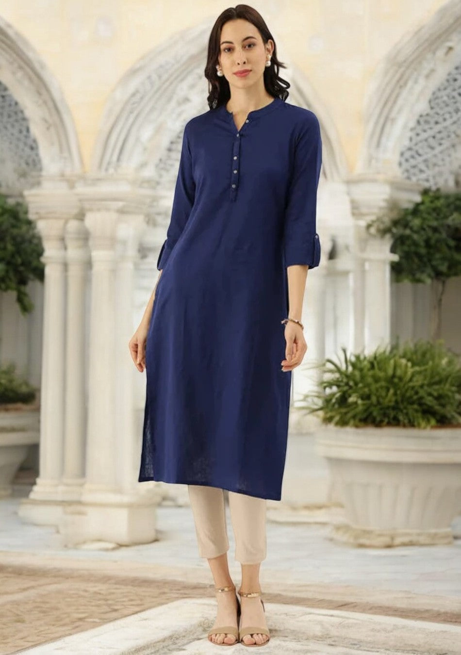 Blue Solid Straight Kurti