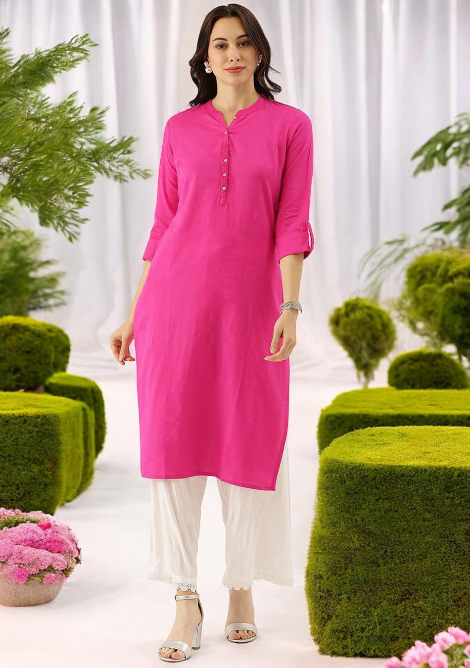 Pink Solid Straight Kurti