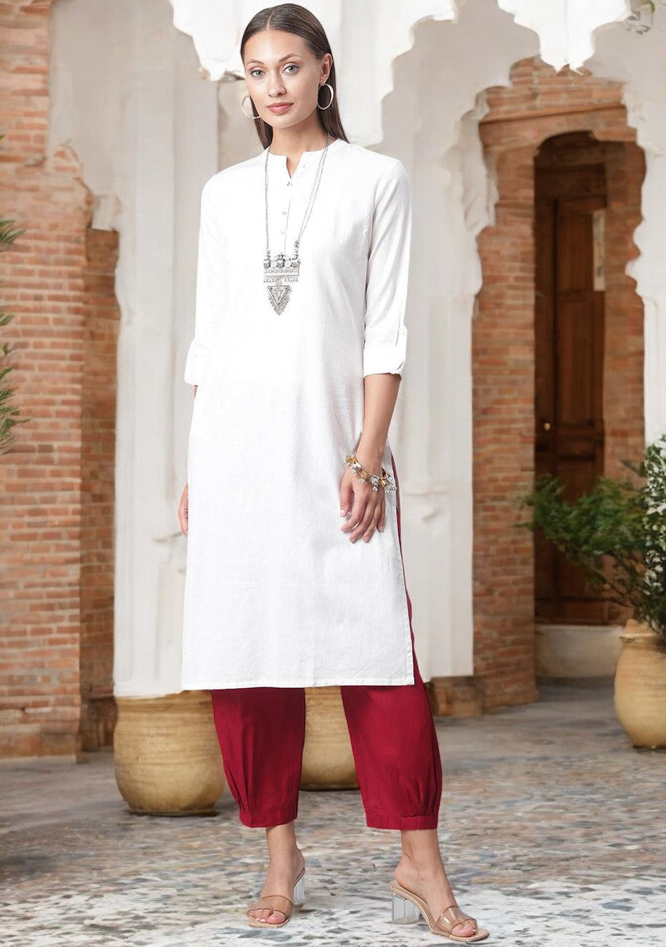 White Solid Pure Cotton Straight Kurta