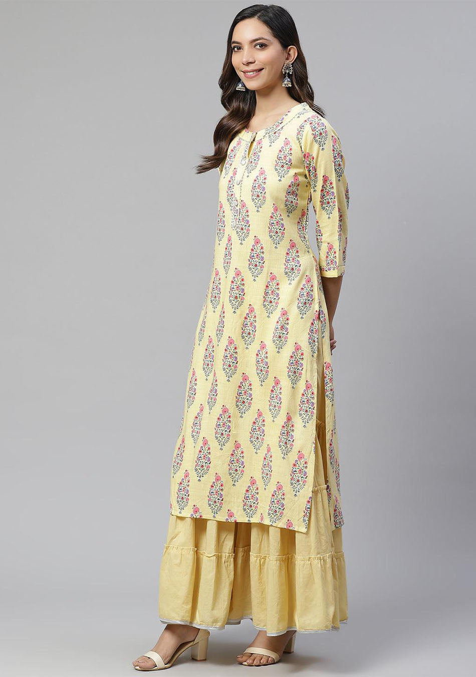 Yellow Rayon Printed Kurti Sharara Set