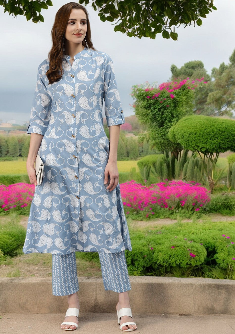 Sky Blue Print Cotton Kurta Pant Set