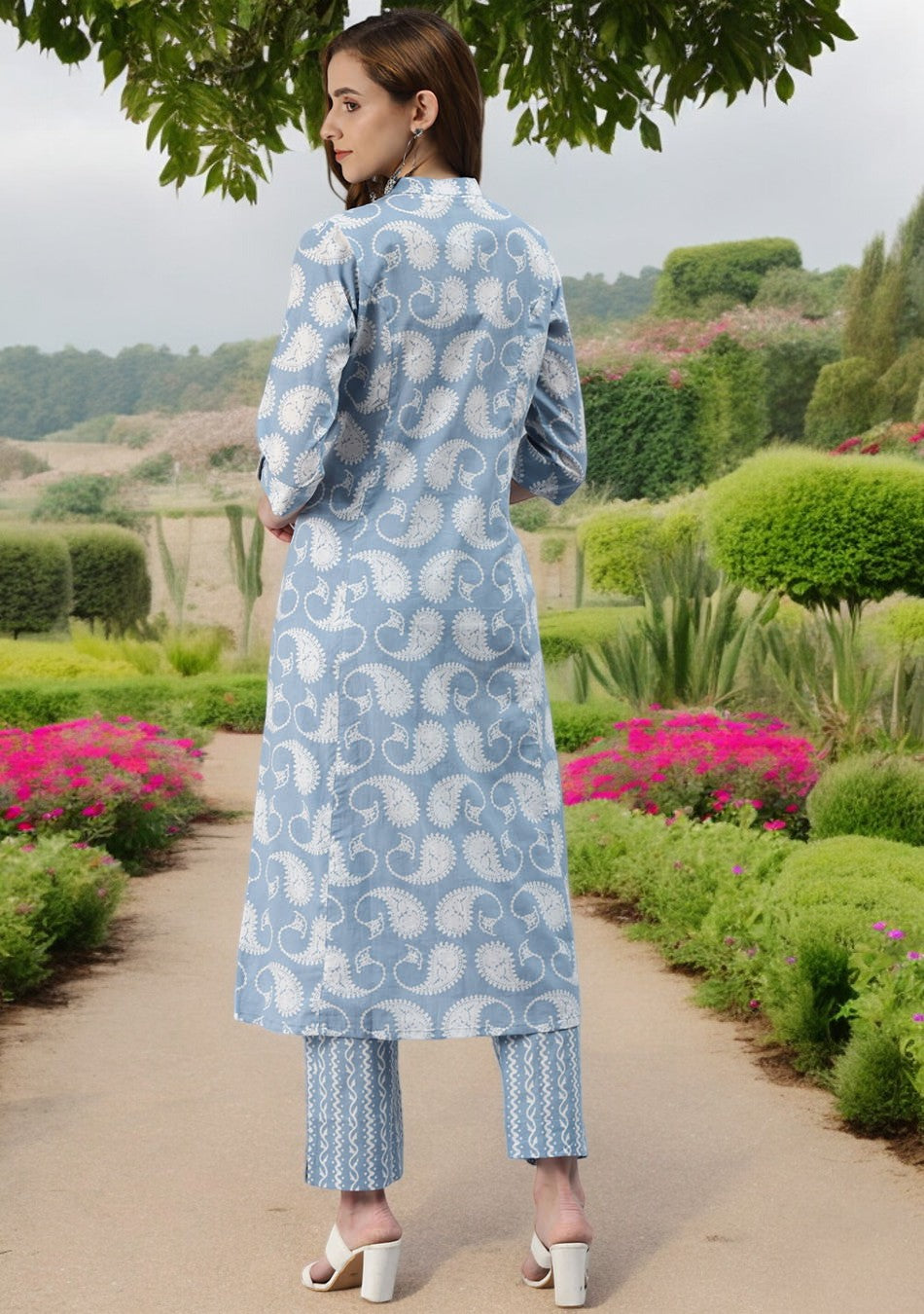 Sky Blue Print Cotton Kurta Pant Set