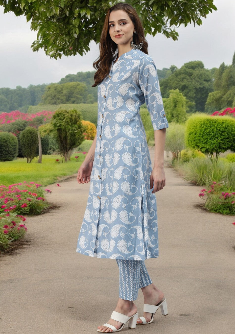 Sky Blue Print Cotton Kurta Pant Set