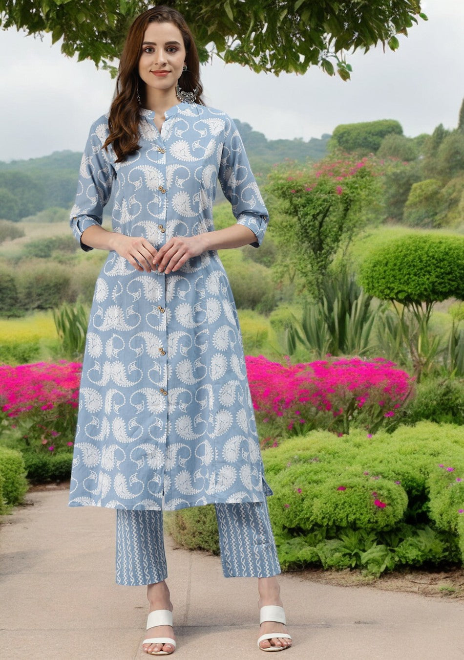 Sky Blue Print Cotton Kurta Pant Set