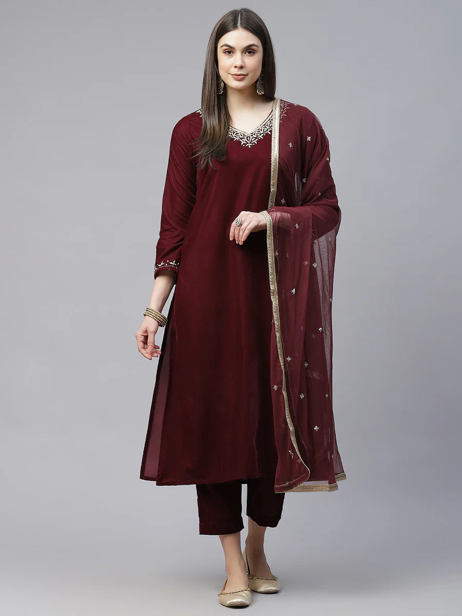 Maroon Velvet Hand Work Kurta Pant With Net Dupatta Set