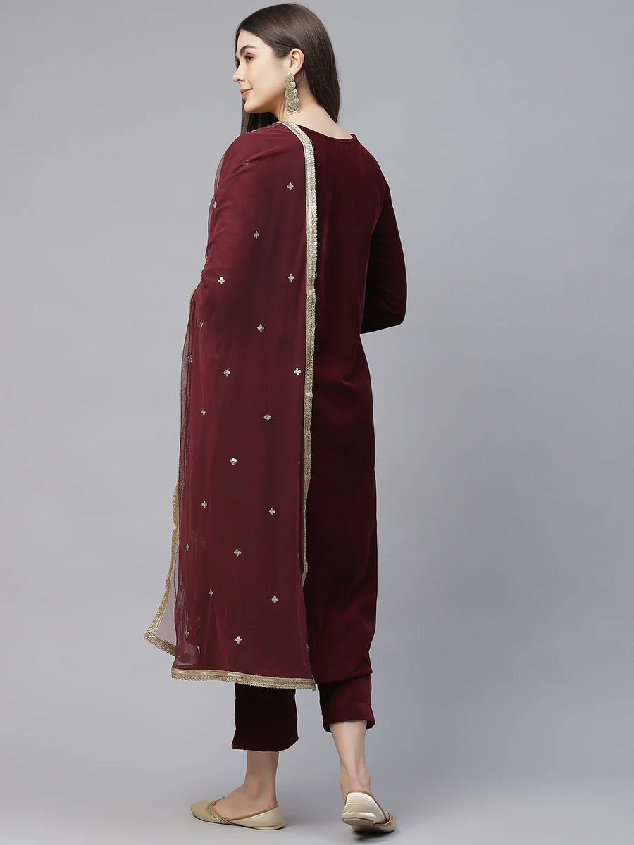 Maroon Velvet Hand Work Kurta Pant With Net Dupatta Set