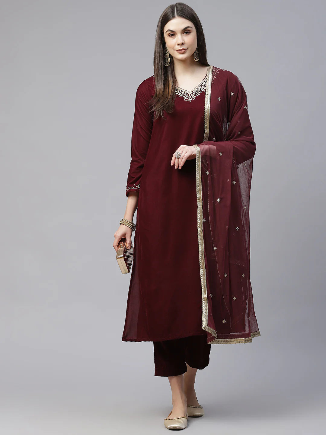 Maroon Velvet Hand Work Kurta Pant With Net Dupatta Set