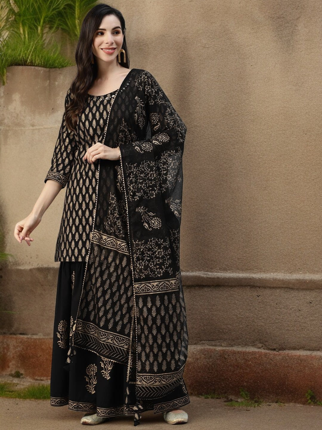 Black Cotton Kurta Sharara Set with Gold Print and Dupatta