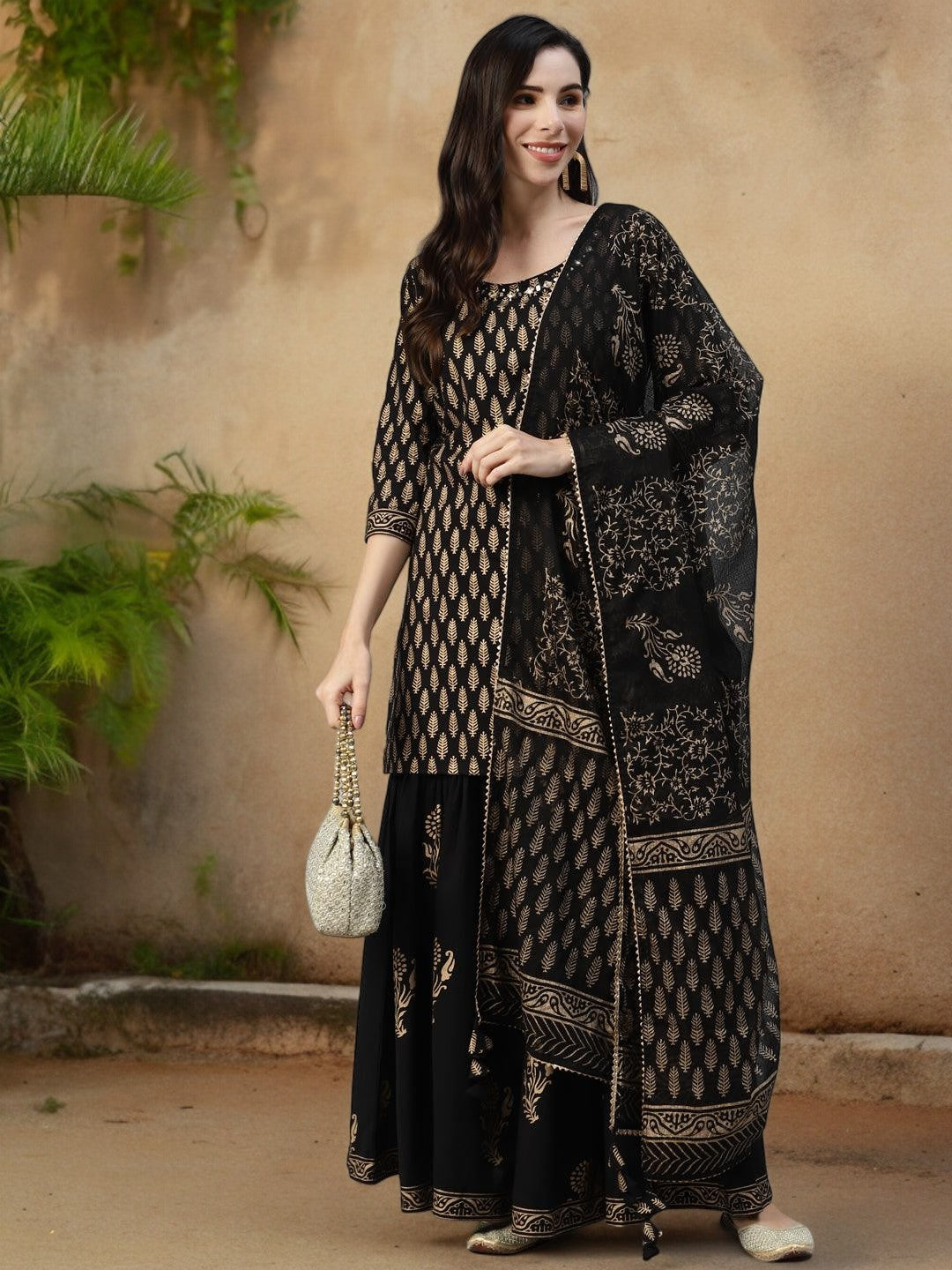 Black Cotton Kurta Sharara Set with Gold Print and Dupatta