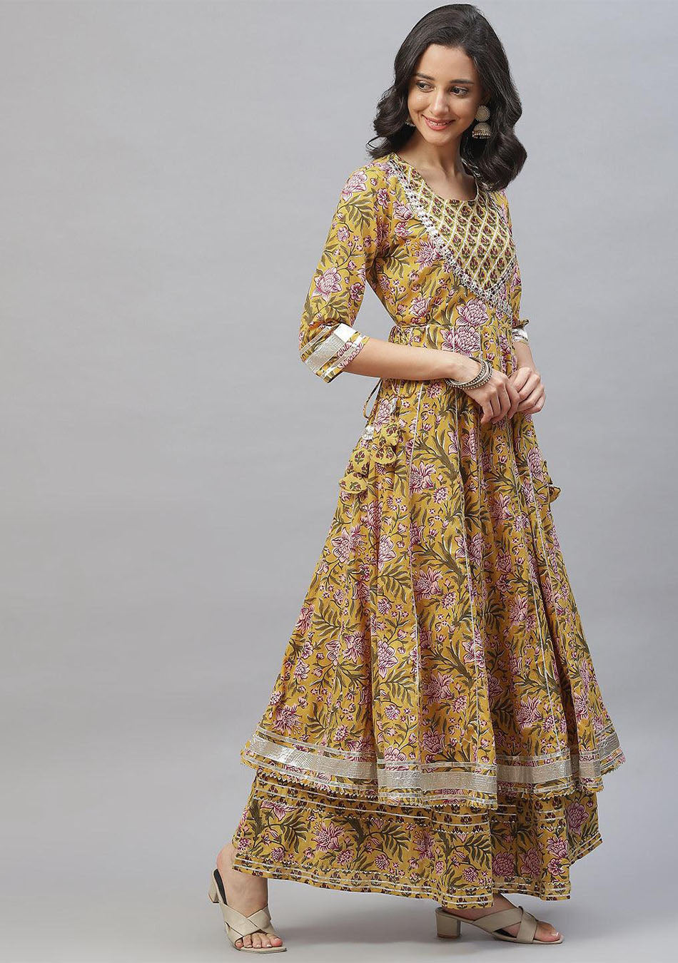 Kurta Set - Mustard Khari Print Cotton Kurta With Palazzos & Dupatta - Indian Ethnic Dress orders - Indian Wedding Dress - Kurta Women