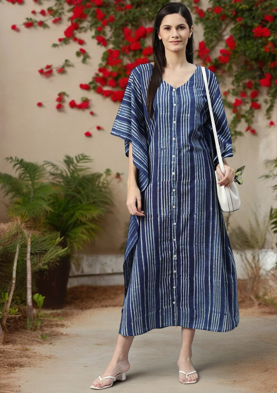 Blue Hand Block Print Striped Kaftan Dress