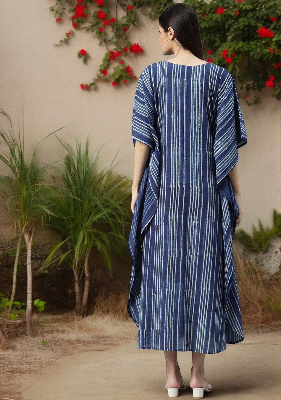 Blue Hand Block Print Striped Kaftan Dress