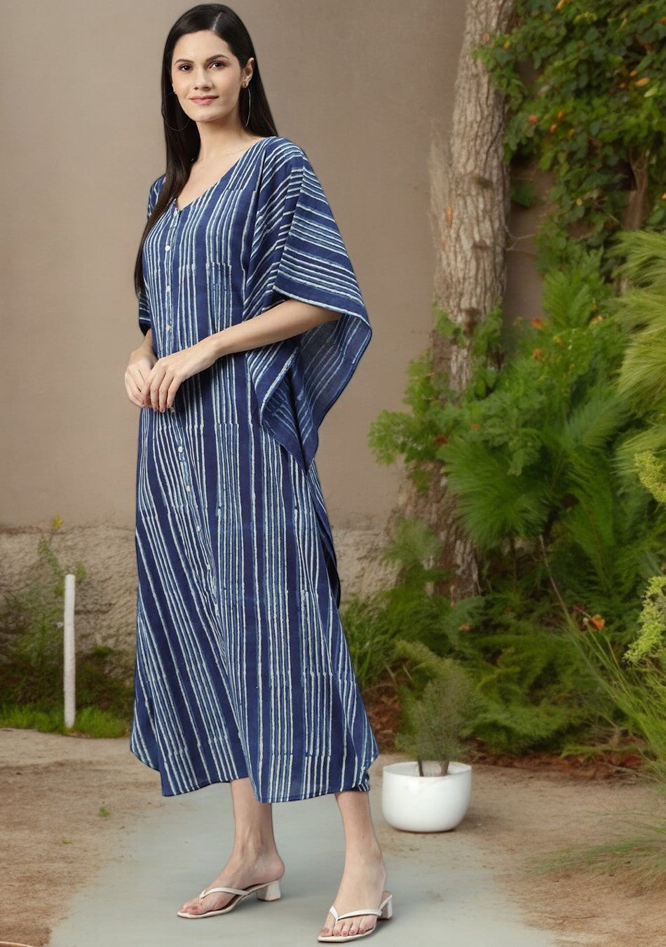 Blue Hand Block Print Striped Kaftan Dress