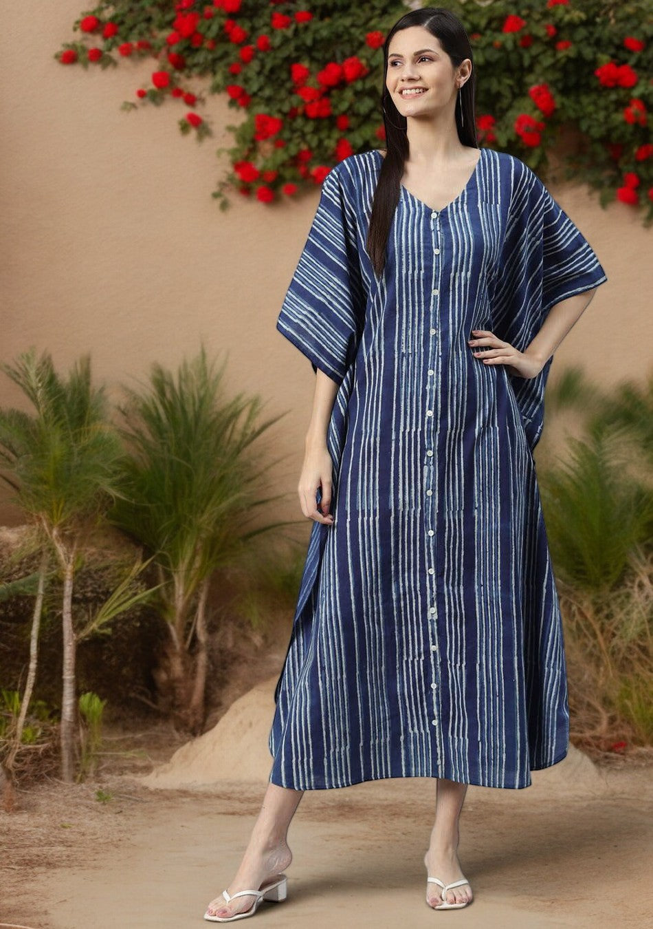 Blue Hand Block Print Striped Kaftan Dress