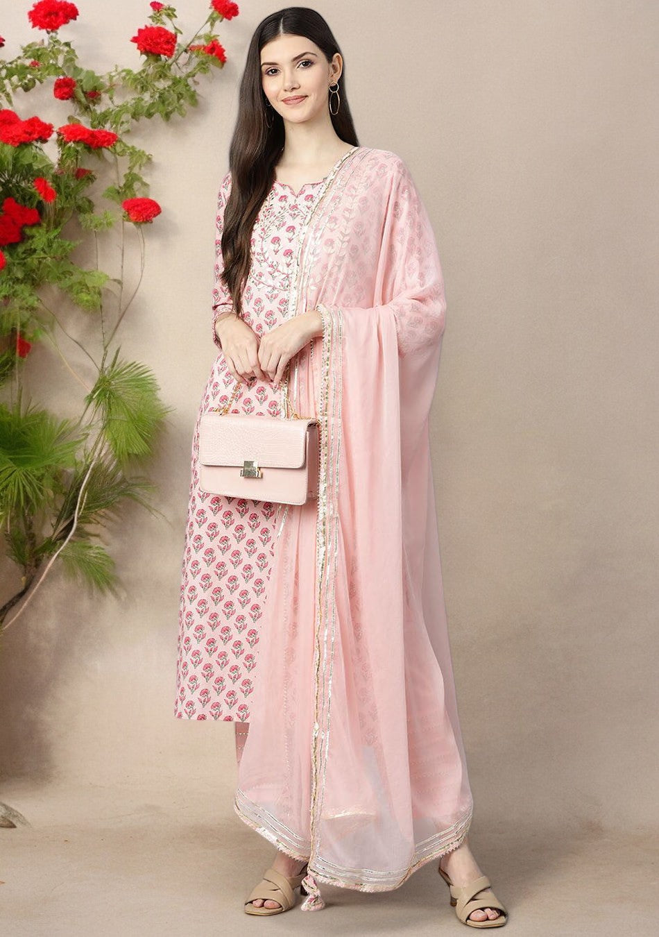 Pink Cotton Straight Kurta Pant Set With Dupatta