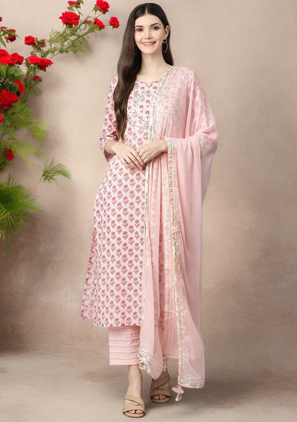 Pink Cotton Straight Kurta Pant Set With Dupatta