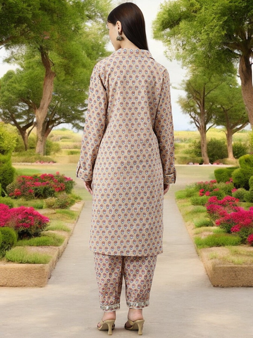 Beige Cotton Shirt Style Kurta Hem Cuffed Pant Co-ord Set