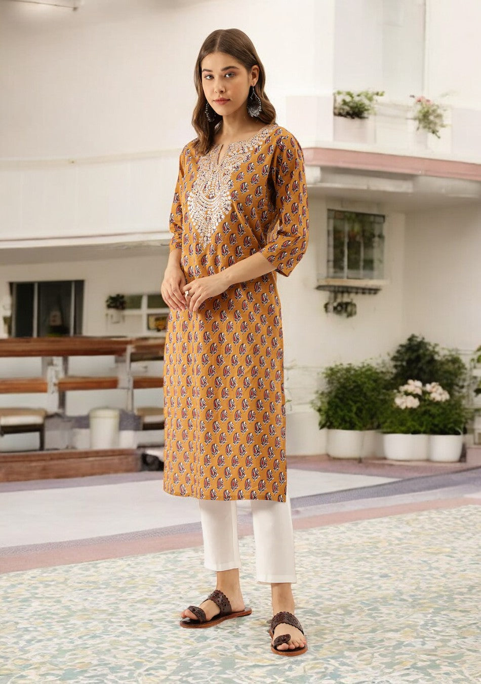 Brown Floral Printed Cotton Zari Work Kurta